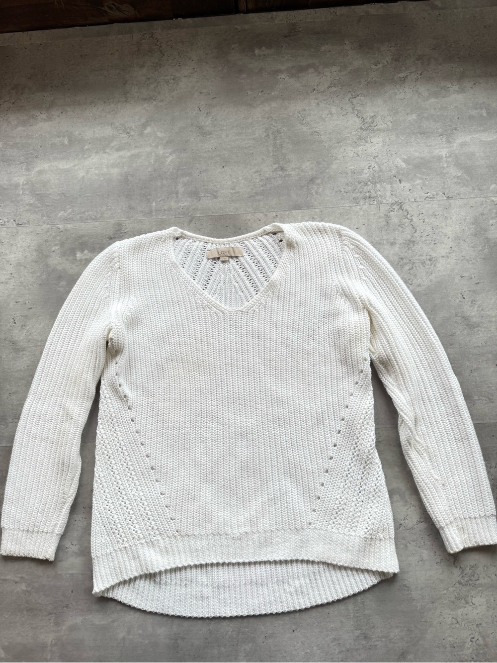 LOFT V Neck 100% Cotton Sweater Pointelle, White, Small